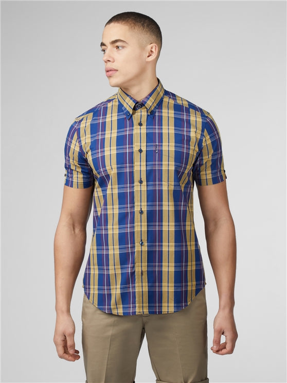 Ben Sherman Short Sleeved Cotton Check Shirt, Denim Blue