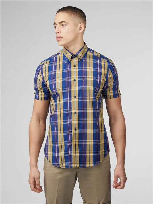 Ben Sherman Short Sleeved Cotton Check Shirt, Denim Blue
