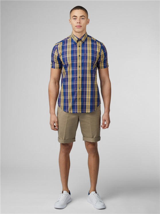 Ben Sherman Short Sleeved Cotton Check Shirt, Denim Blue