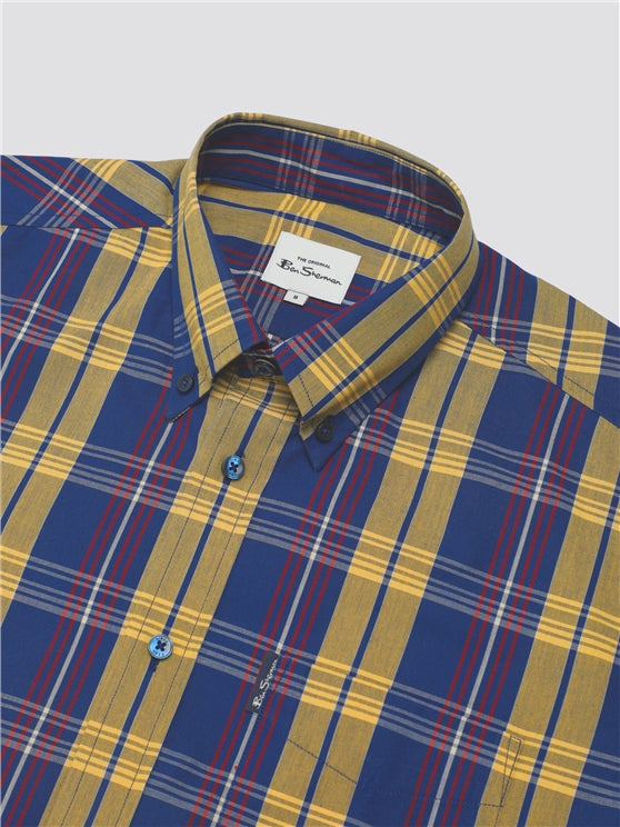 Ben Sherman Short Sleeved Cotton Check Shirt, Denim Blue