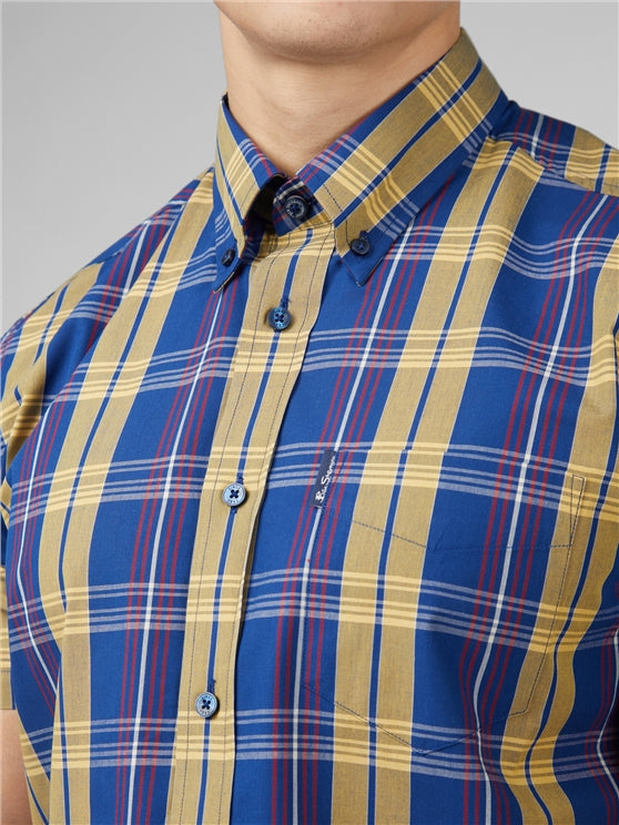 Ben Sherman Short Sleeved Cotton Check Shirt, Denim Blue