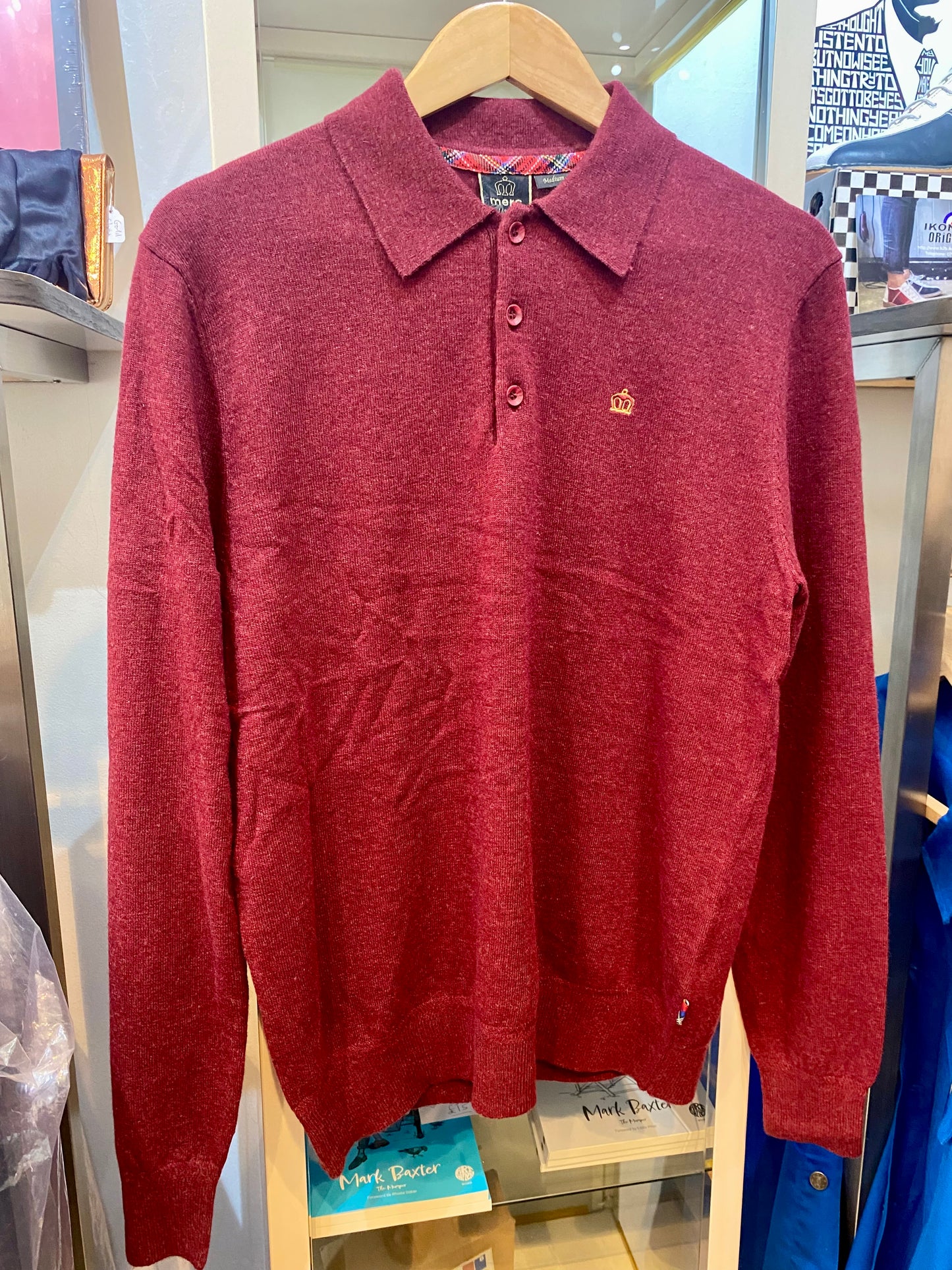 Merc ‘Spey’ Merino Wool Knit Long Sleeved Polo, Burgundy