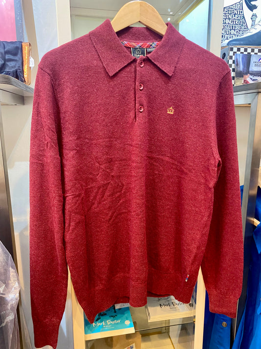 Merc ‘Spey’ Merino Wool Knit Long Sleeved Polo, Burgundy