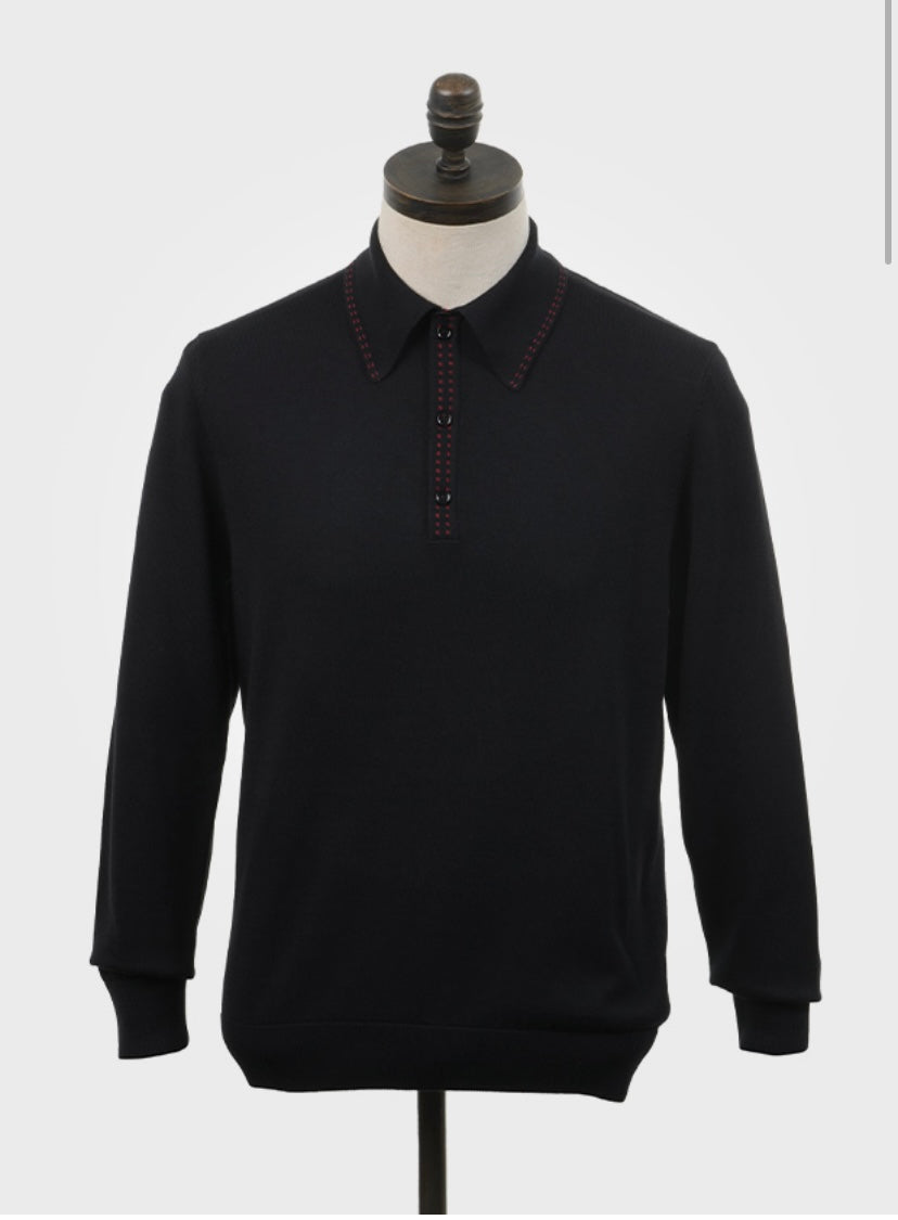 Art Gallery ‘Lewis’ Knitted Polo Shirt, Jet Black