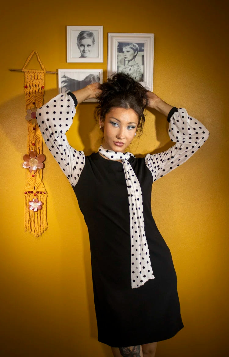 Love Her Madly ‘Marianne’ Black 1960s Style Dress, with Matching Polka Dot Scarf