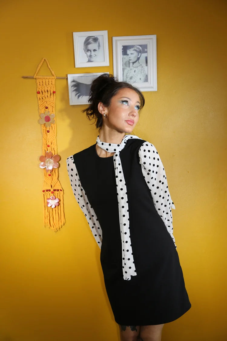 Love Her Madly ‘Marianne’ Black 1960s Style Dress, with Matching Polka Dot Scarf
