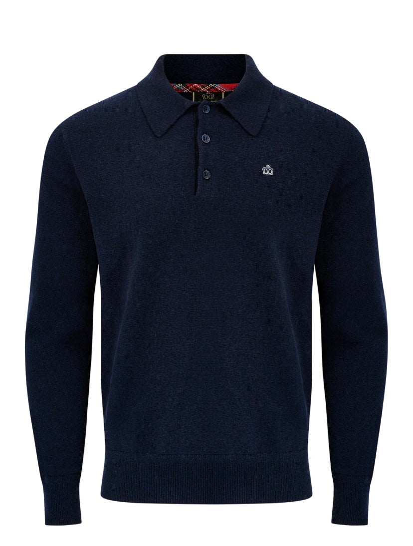 Merc ‘Spey’ Merino Wool Knit Long Sleeved Polo, Navy