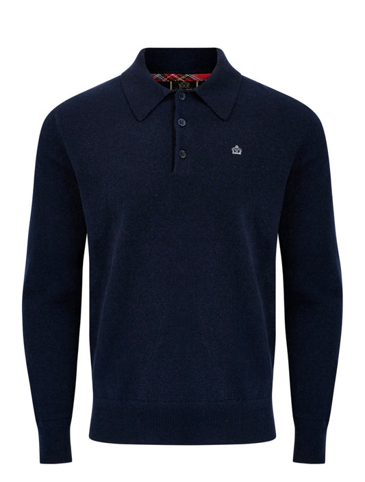 Merc ‘Spey’ Merino Wool Knit Long Sleeved Polo, Navy