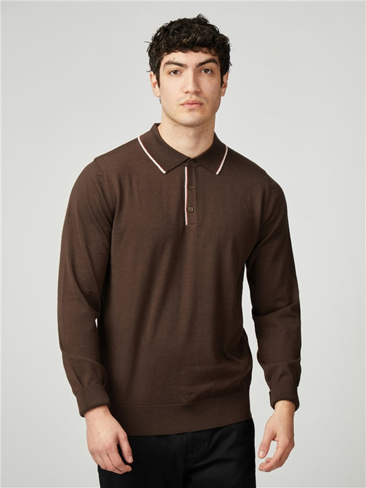 Ben Sherman Tipped Merino Long Sleeved Polo Shirt, Cocoa Brown