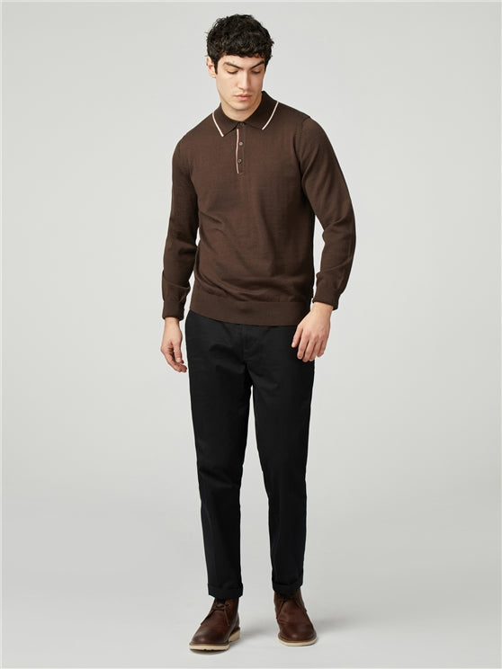 Ben Sherman Tipped Merino Long Sleeved Polo Shirt, Cocoa Brown