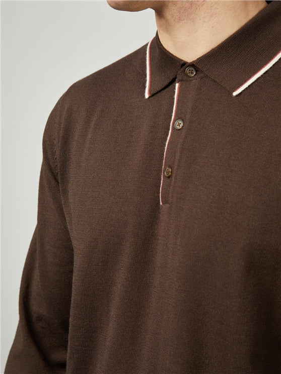 Ben Sherman Tipped Merino Long Sleeved Polo Shirt, Cocoa Brown