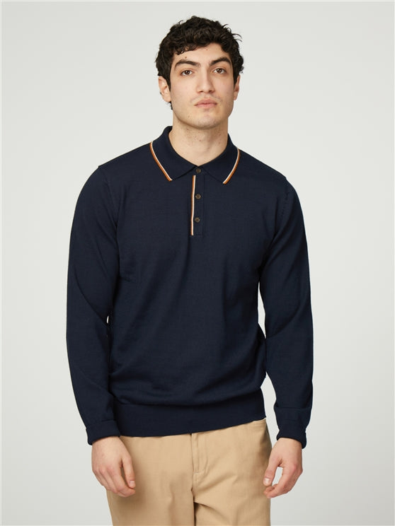 Ben Sherman Tipped Merino Long Sleeved Polo Shirt, Dark Navy