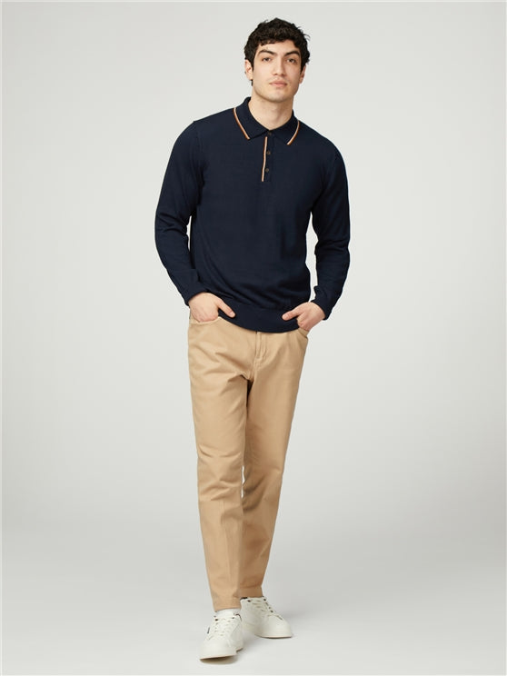 Ben Sherman Tipped Merino Long Sleeved Polo Shirt, Dark Navy