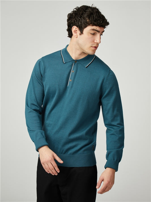 Ben Sherman Tipped Merino Long Sleeved Polo Shirt, Lake Blue