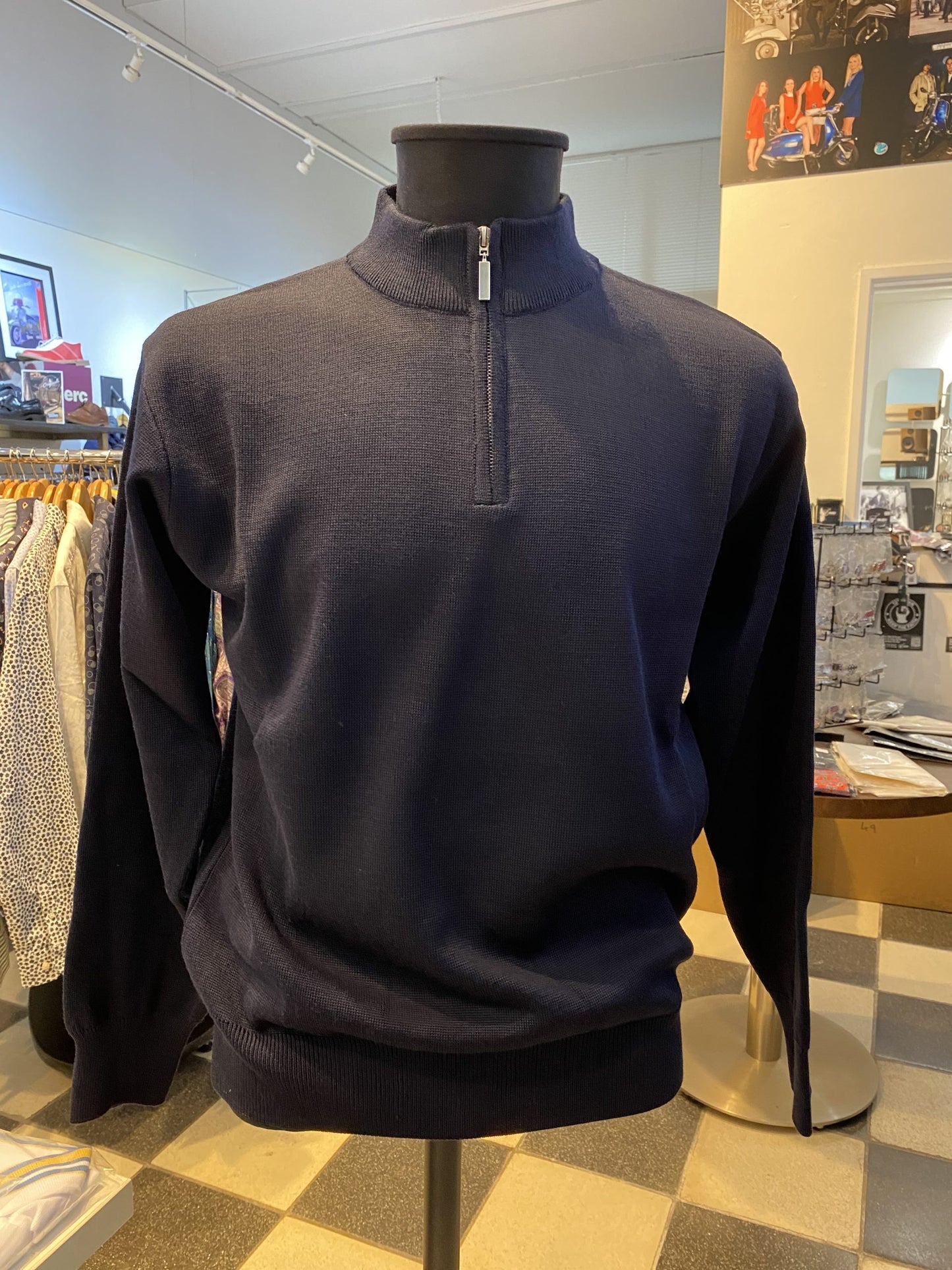 Franco Ponti Zip Neck Merino Mix Jumper, Dark Navy