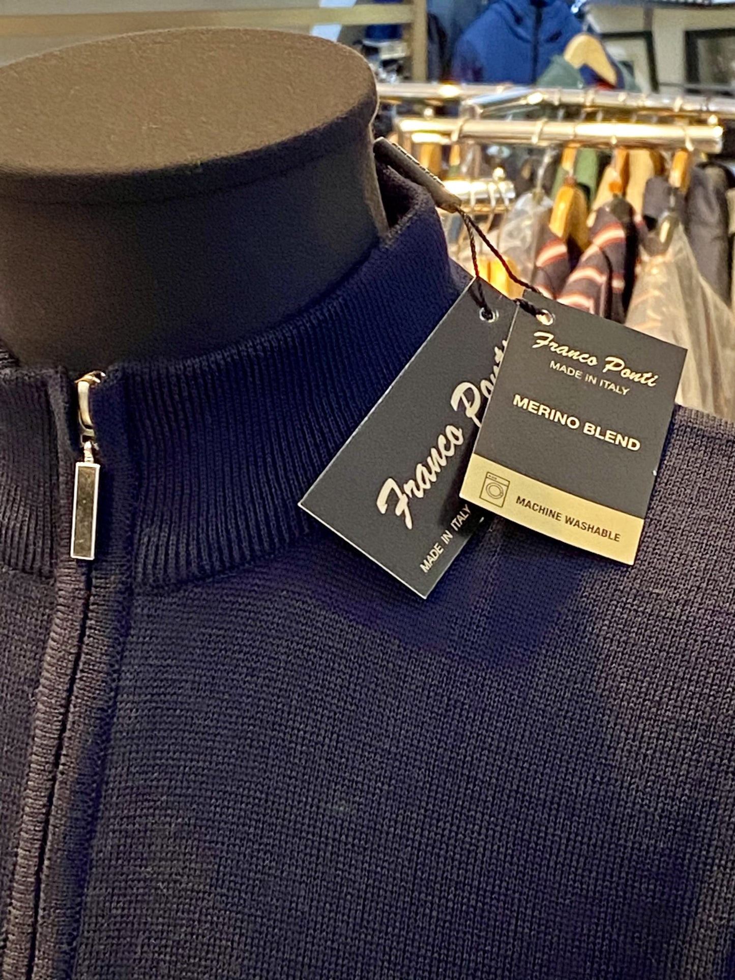 Franco Ponti Zip Neck Merino Mix Jumper, Dark Navy
