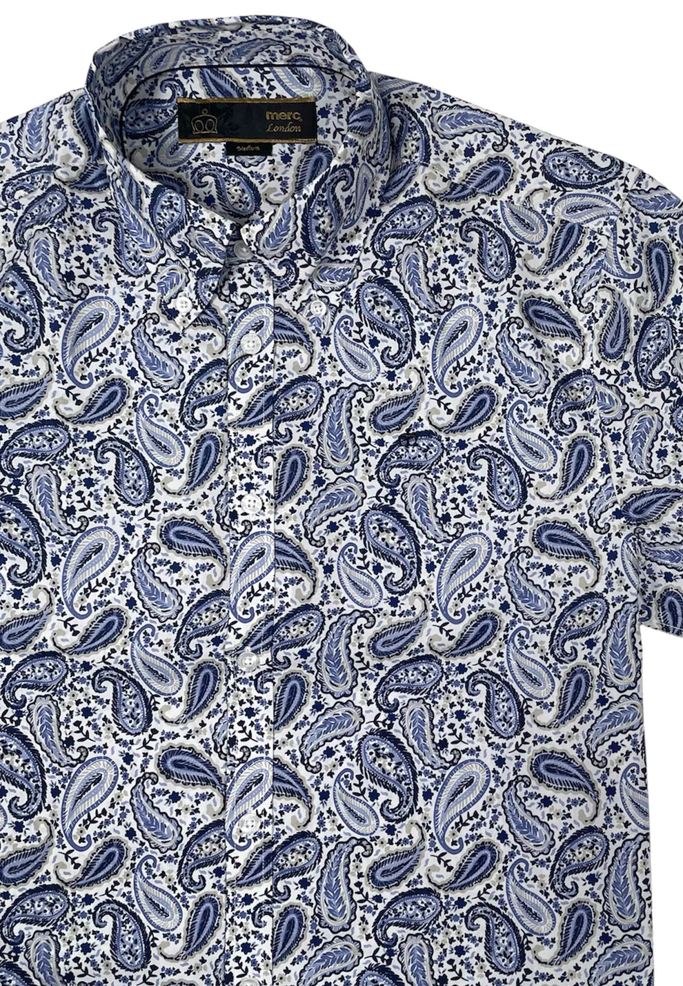 Merc ‘Boreland’ Short Sleeved Paisley Shirt, Blue and White