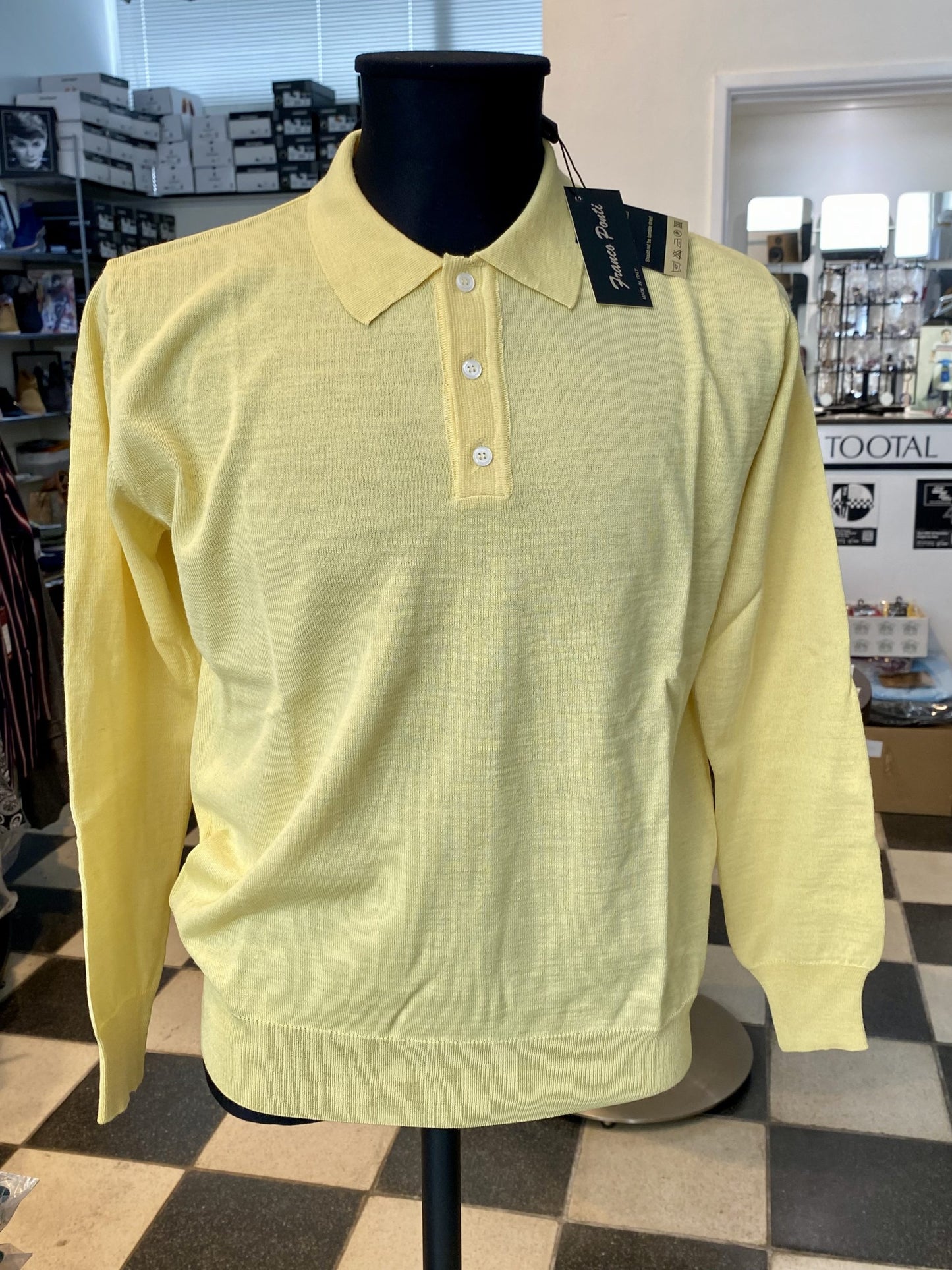 Franco Ponti Merino Mix Long Sleeve Knitted Polo Shirt, Lemon Yellow