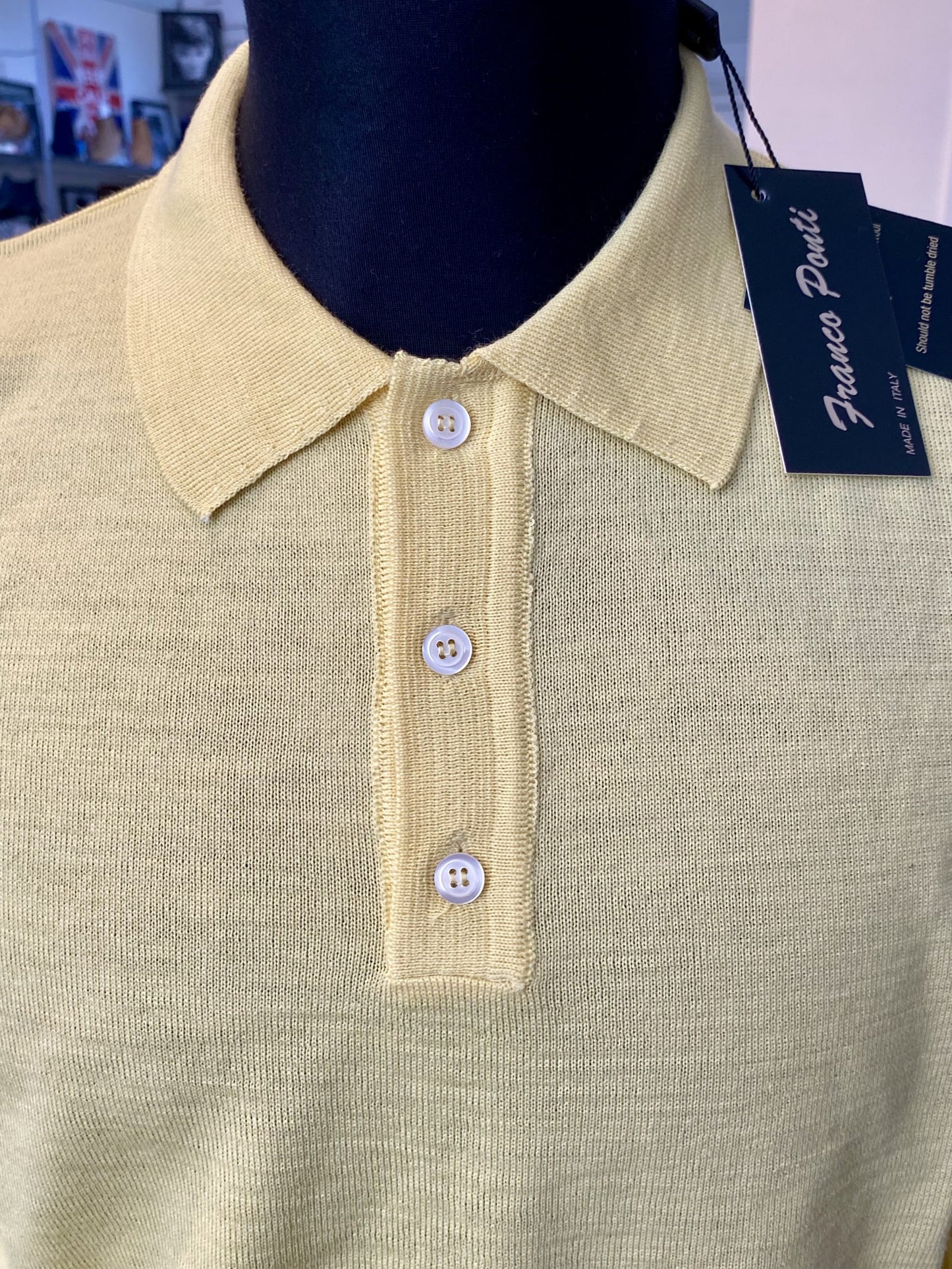 Franco Ponti Merino Mix Long Sleeve Knitted Polo Shirt, Lemon Yellow