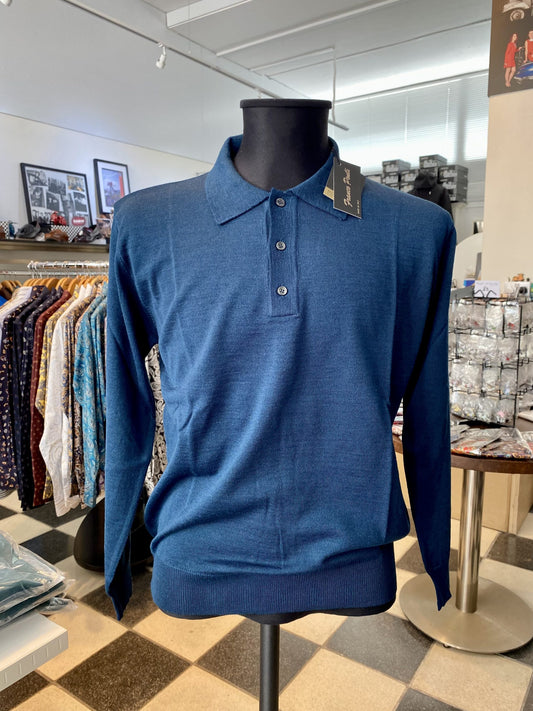 Franco Ponti Merino Mix Long Sleeve Knitted Polo Shirt, Airforce Blue