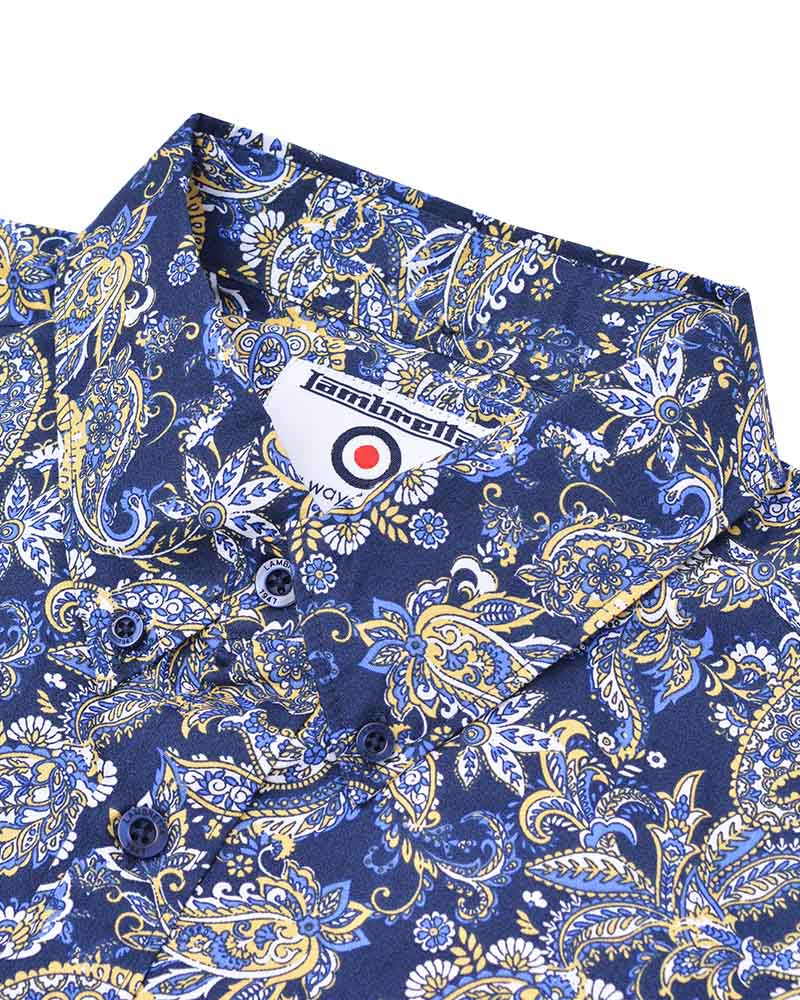 Lambretta Short Sleeved Paisley Shirt, Navy & White