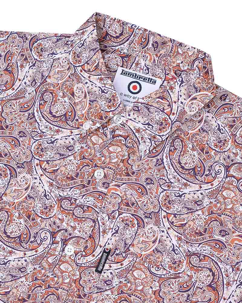 Lambretta Short Sleeved Paisley Shirt, Rust & White