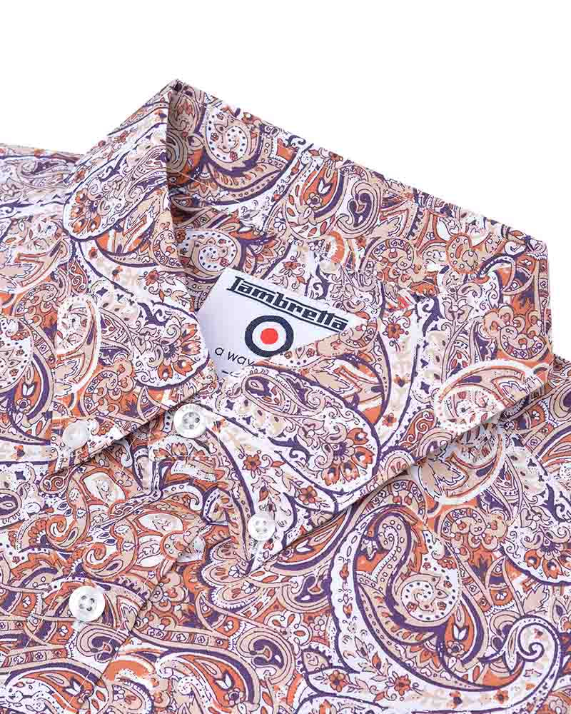 Lambretta Short Sleeved Paisley Shirt, Rust & White