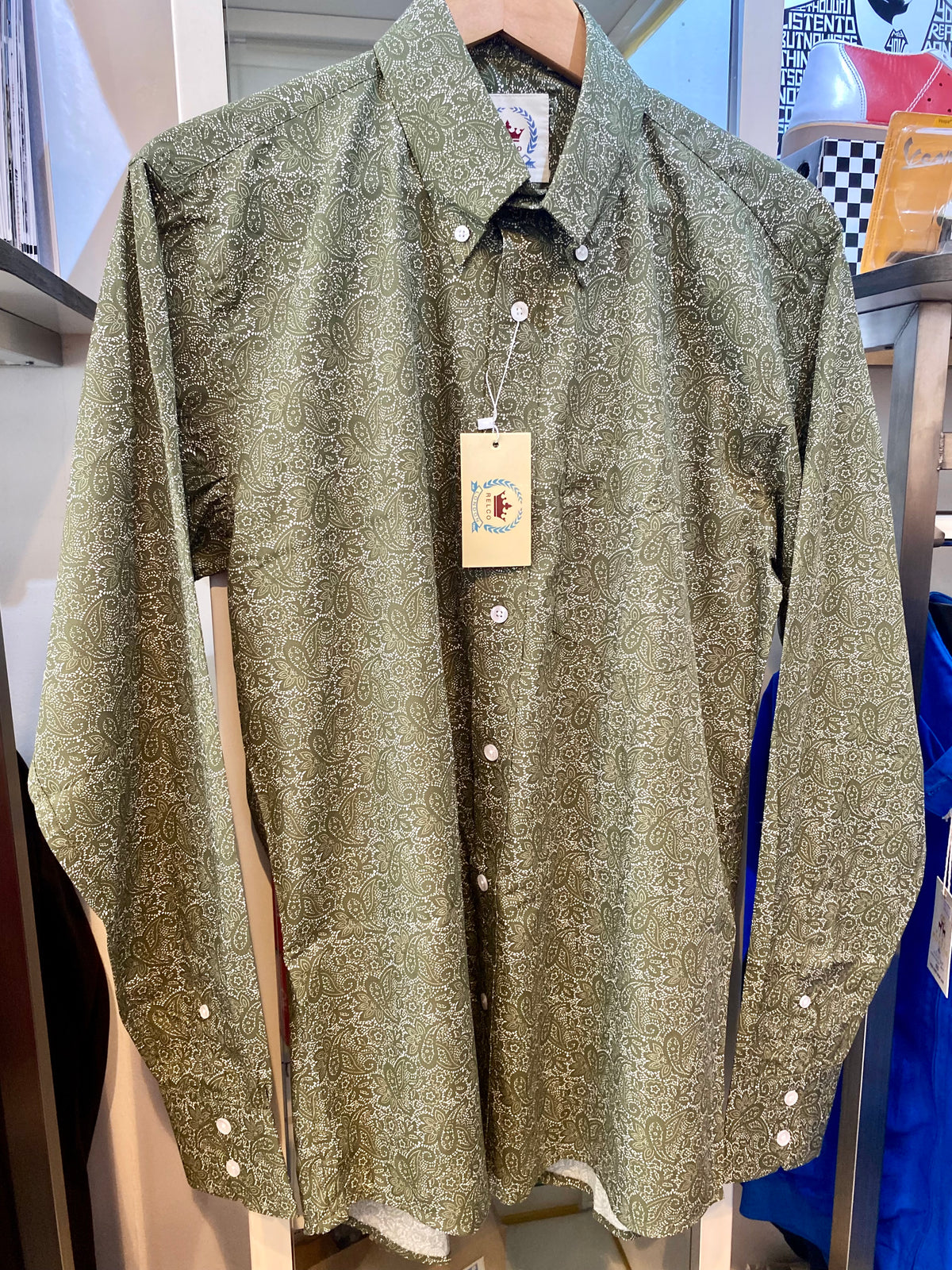 Relco Paisley Cotton Long-Sleeved Shirt, Olive Green & White