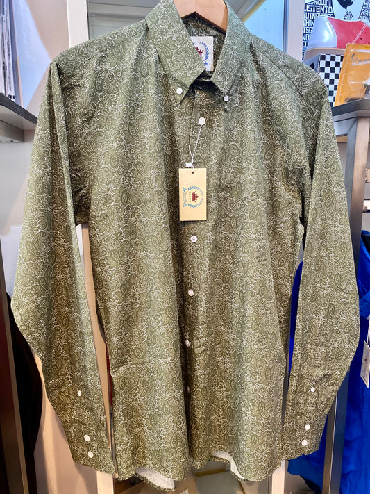 Relco Paisley Cotton Long-Sleeved Shirt, Olive Green & White