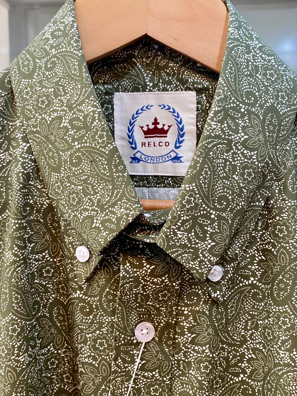 Relco Paisley Cotton Long-Sleeved Shirt, Olive Green & White