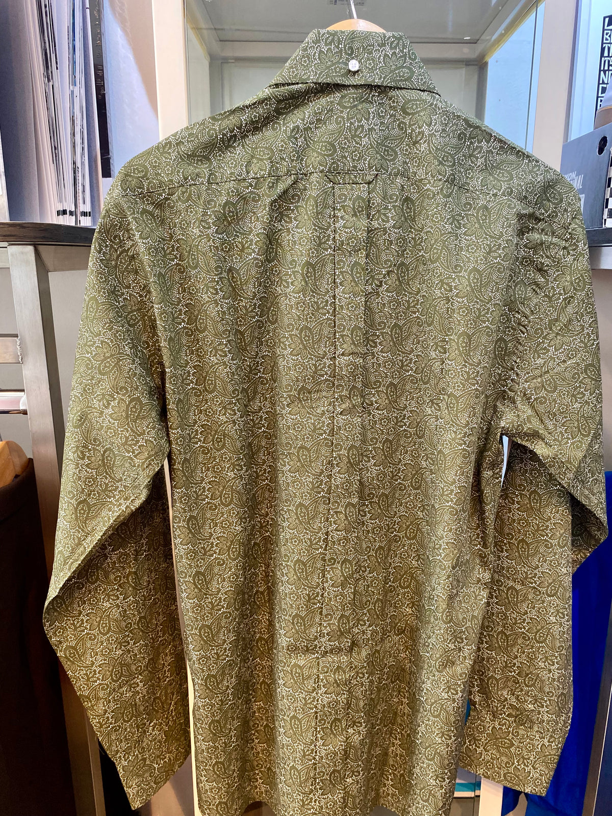 Relco Paisley Cotton Long-Sleeved Shirt, Olive Green & White