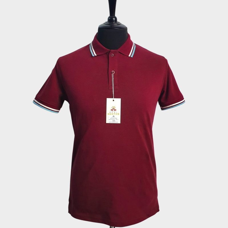 SALE Maroon Polo Shirt with Pale Blue & White Tipping from Real Hoxton