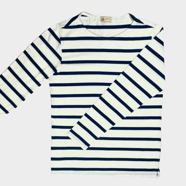 SALE White & Navy Breton Stripe Long Sleeved Boat Neck from Real Hoxton