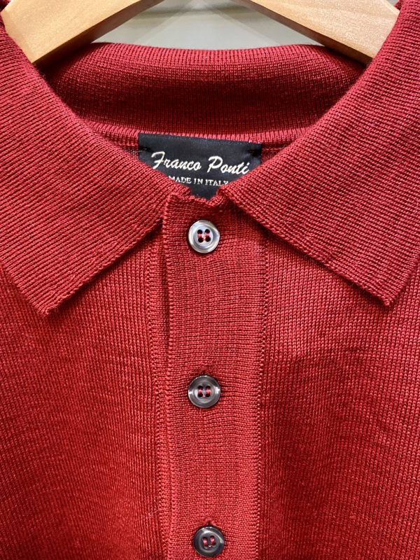 Franco Ponti Merino Mix Long Sleeve Knitted Polo Shirt, Burgundy - Image 3