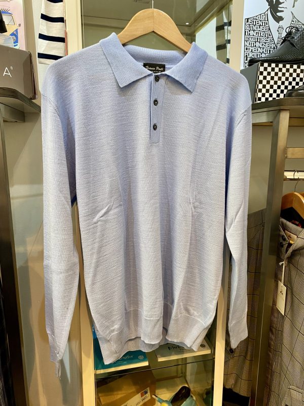 Franco Ponti Merino Mix Long Sleeve, Knitted Polo Shirt, Sky Blue