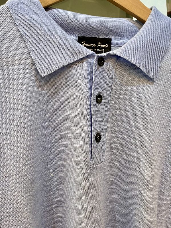 Franco Ponti Merino Mix Long Sleeve, Knitted Polo Shirt, Sky Blue - Image 2