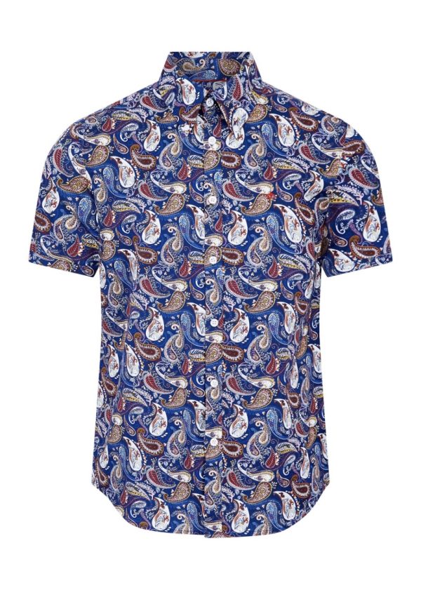Merc ‘Leighton’ Short Sleeved Paisley Shirt, Navy