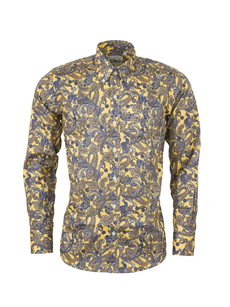 Relco Long Sleeved Paisley Shirt, Mustard & Blue - Image 2
