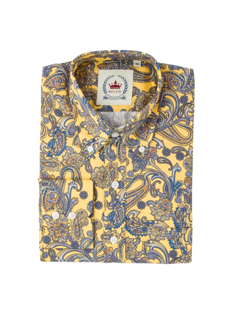Relco Long Sleeved Paisley Shirt, Mustard & Blue